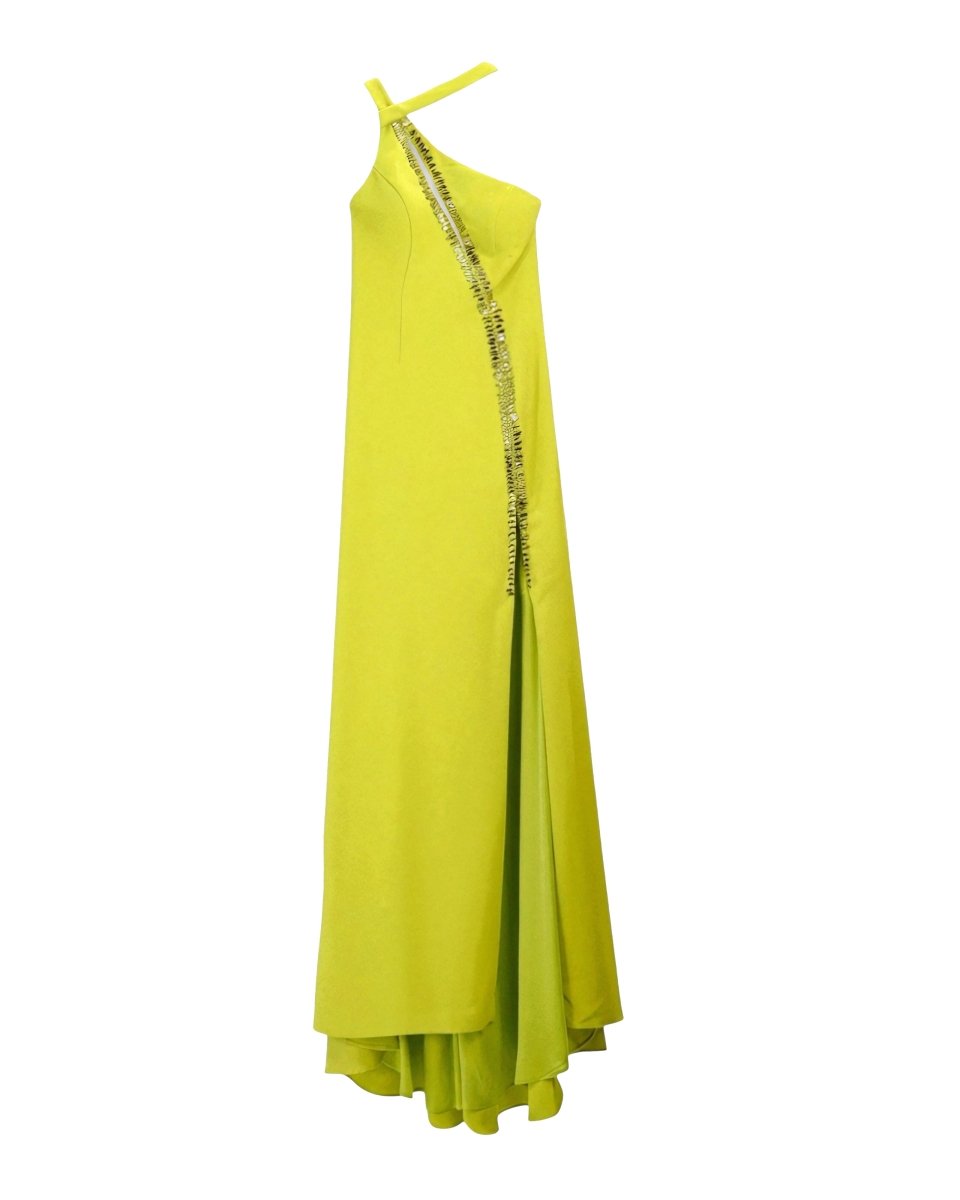 ASYMMETRIC EMBELLISHED HALTER GOWN