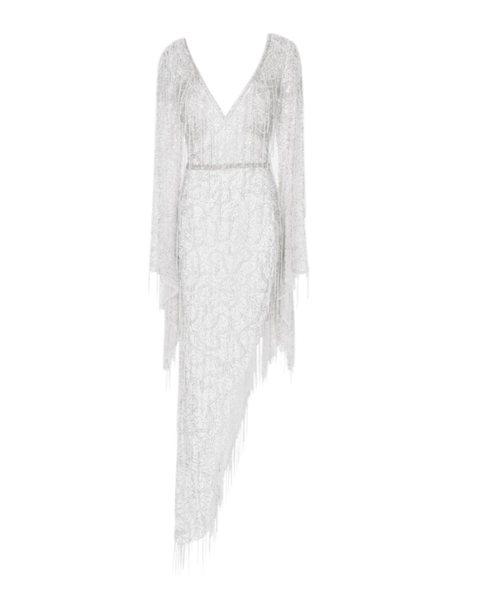 ASYMMETRICAL FRINGE SEQUIN GOWN
