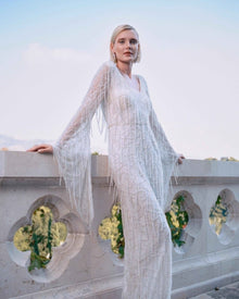 ASYMMETRICAL FRINGE SEQUIN GOWN