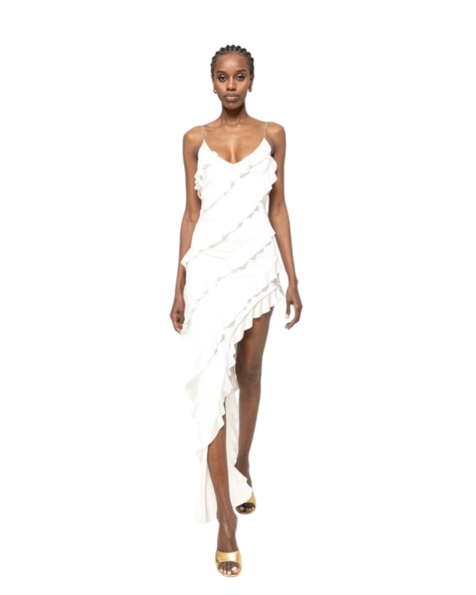 ASYMMETRICAL RUFFLE CHAIN-STRAP DRESS