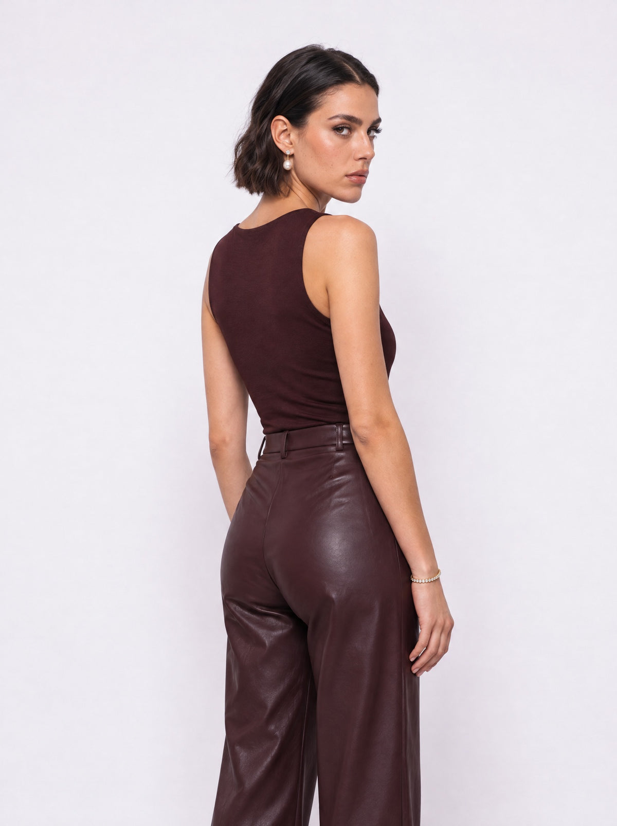 LACE TOP AND FAUX LEATHER TROUSER SET