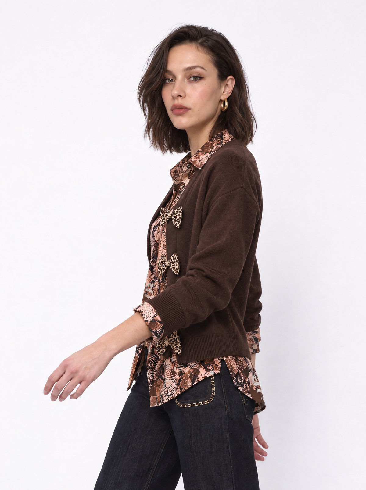 LEOPARD BOW-FASTENED KNIT CARDIGAN