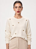 GOLD HEART STUD FUZZY KNIT SWEATER