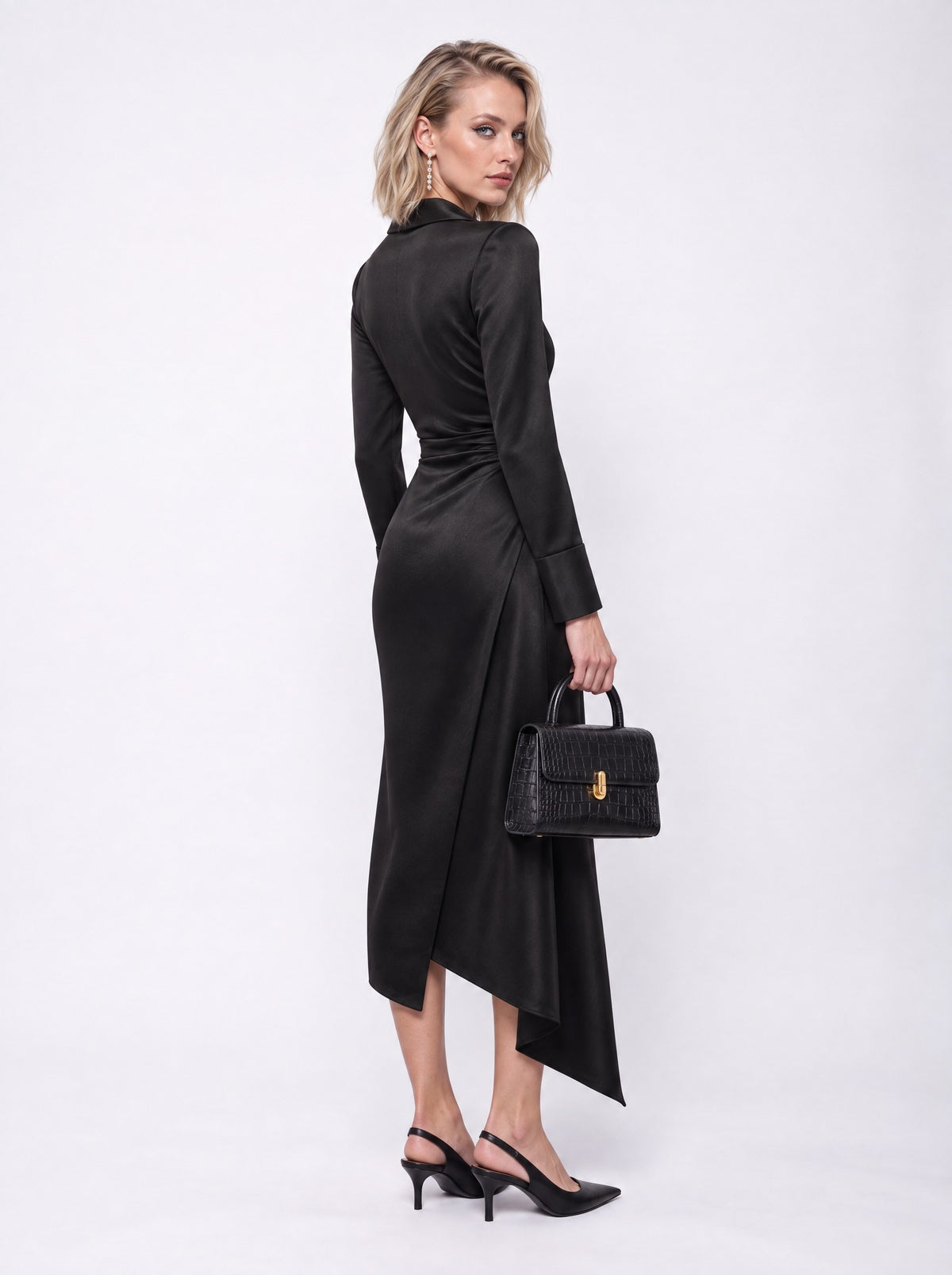 SATIN COLLARED WRAP DRESS