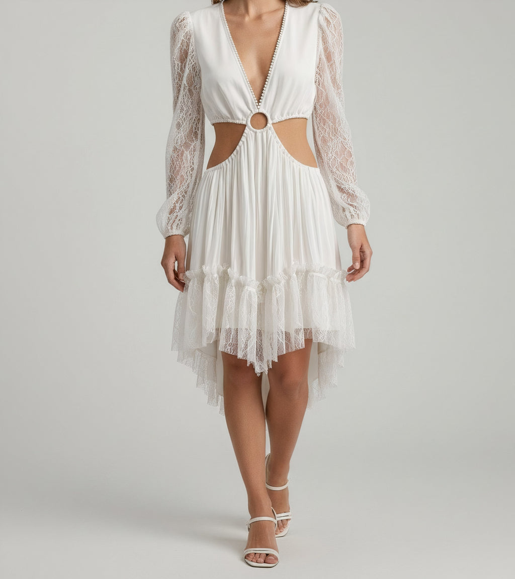 LACE-SLEEVE RING-WAIST CUTOUT MINI DRESS