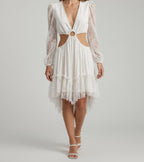 LACE-SLEEVE RING-WAIST CUTOUT MINI DRESS