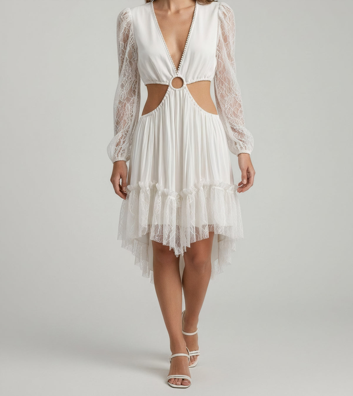 LACE-SLEEVE RING-WAIST CUTOUT MINI DRESS