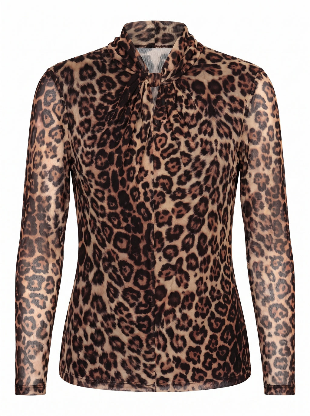 LEOPARD TWIST-NECK SHEER MESH TOP