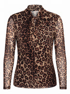 LEOPARD TWIST-NECK SHEER MESH TOP