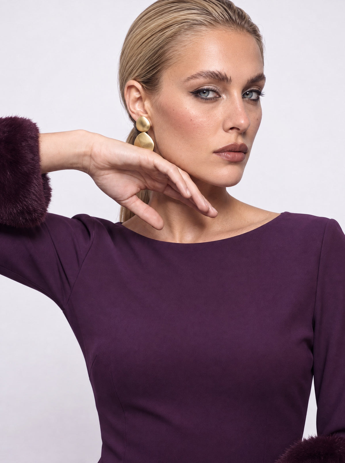 FAUX FUR CUFF FITTED MIDI DRESS