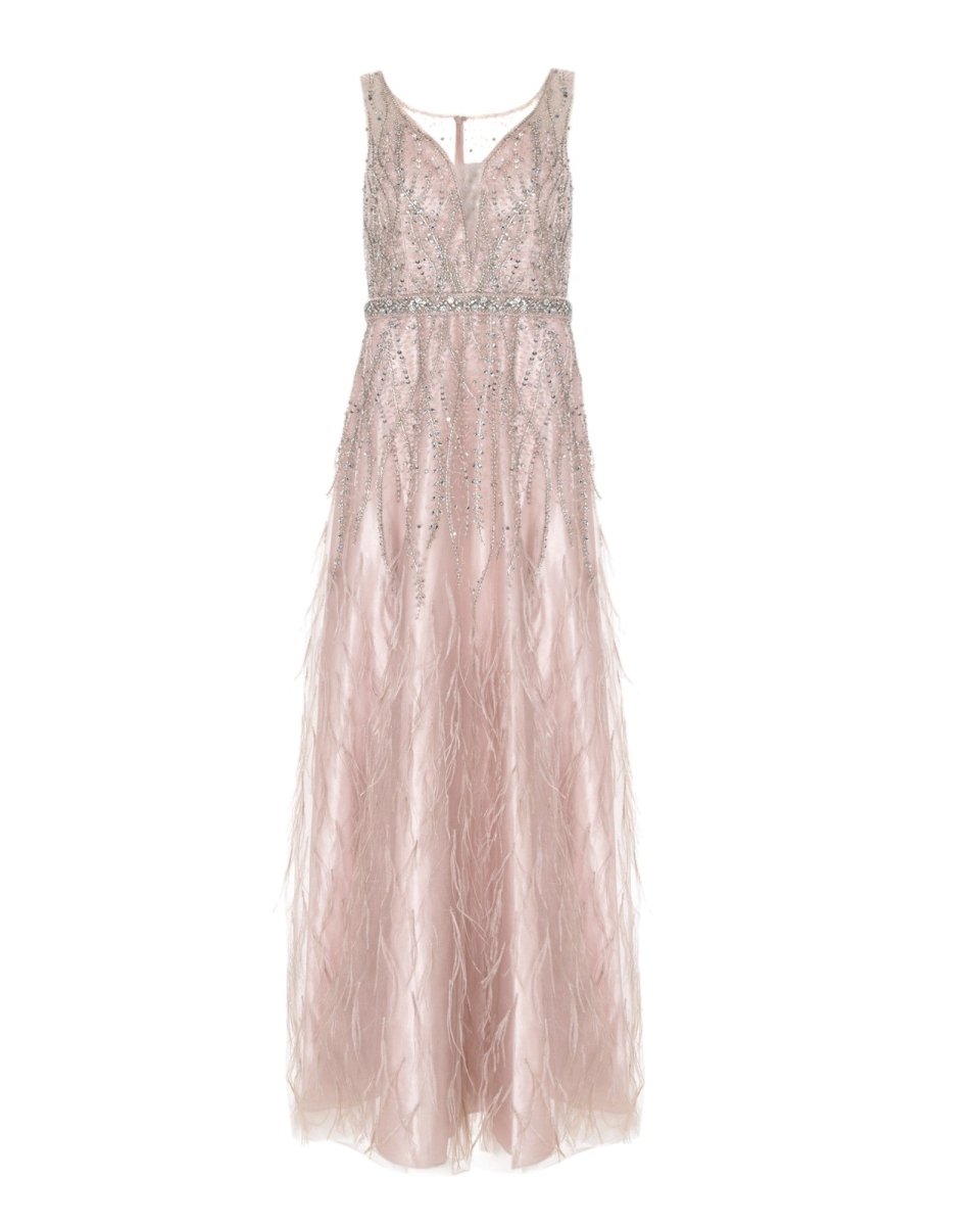 BEADED FEATHER EVENING GOWN