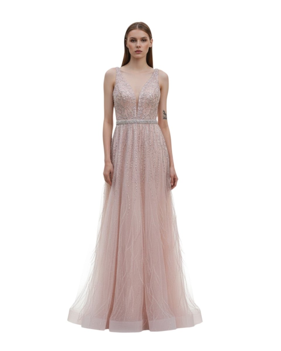 BEADED FEATHER EVENING GOWN