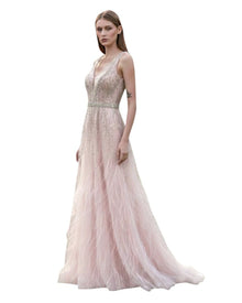 BEADED FEATHER EVENING GOWN