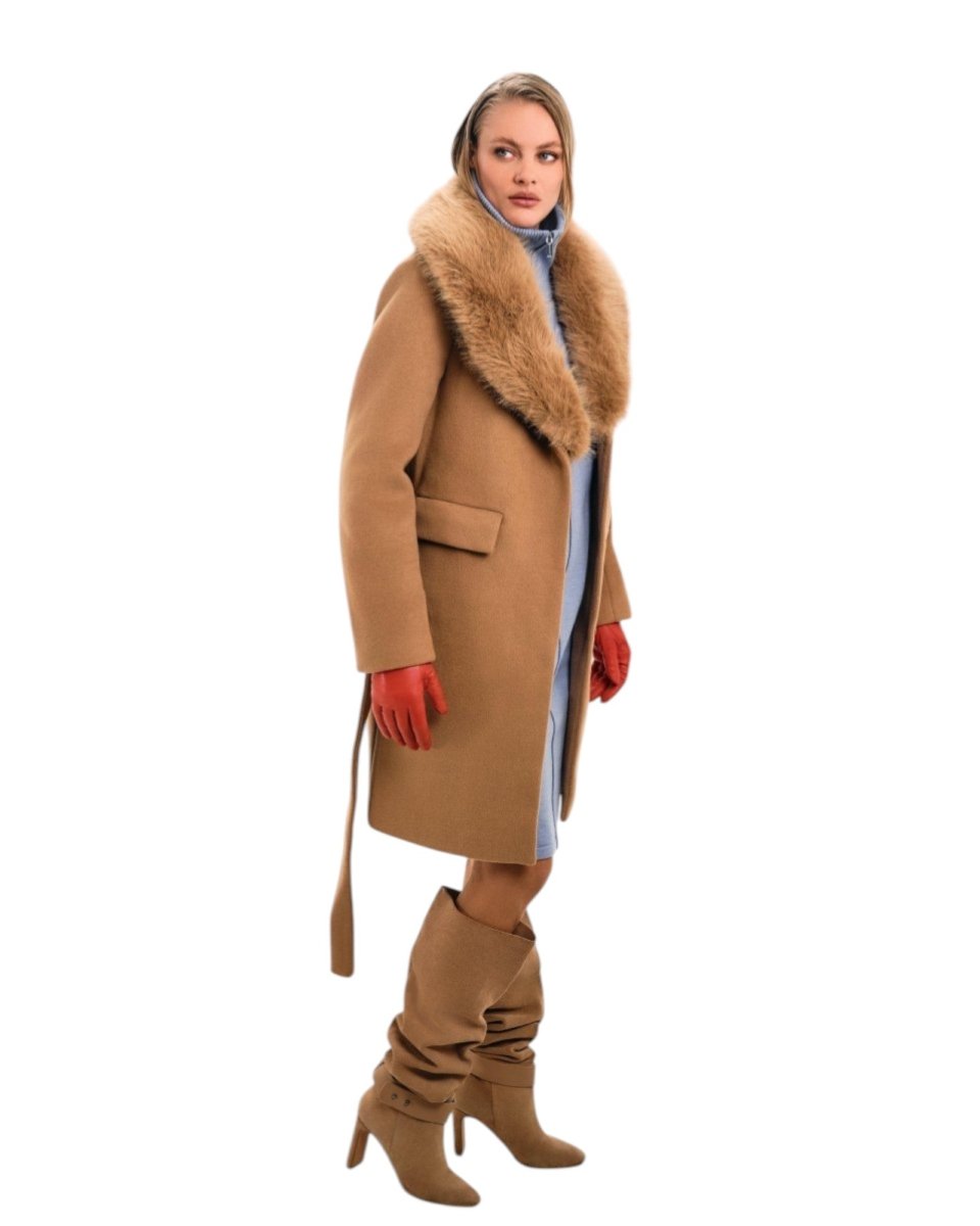 BELTED COAT WITH FUR COLLAR