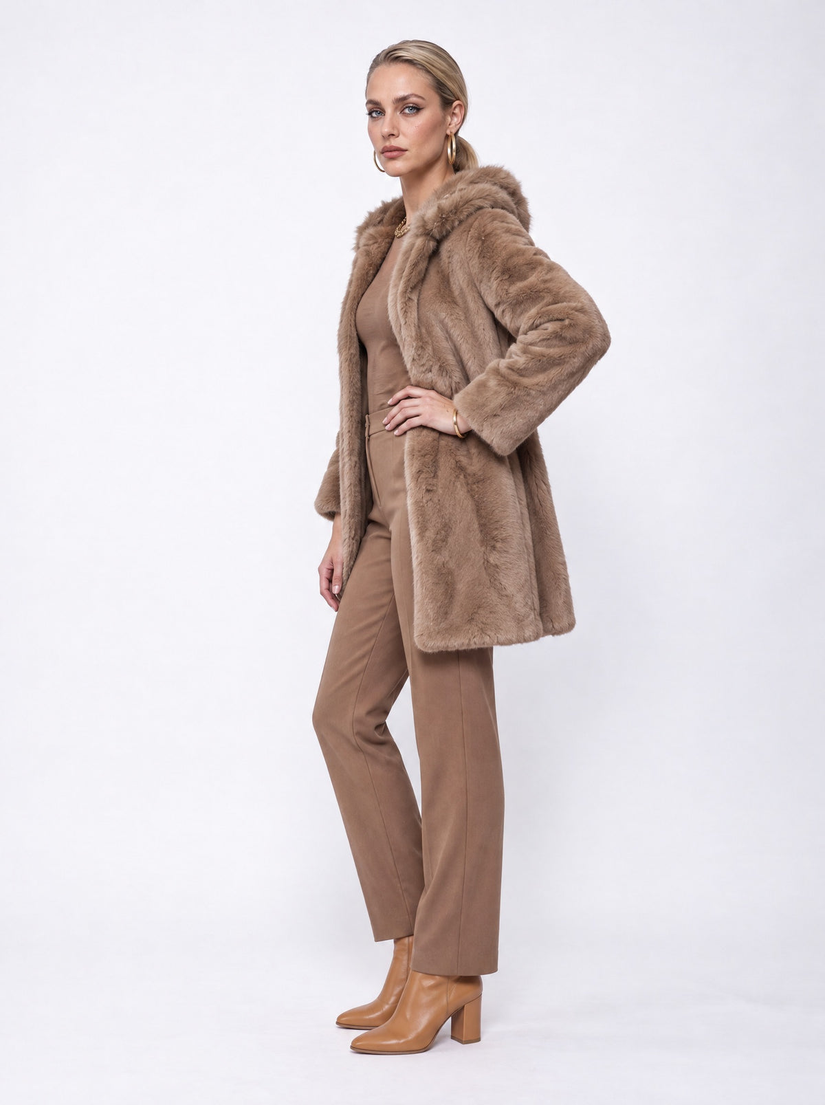 HOODED FAUX FUR MIDI COAT