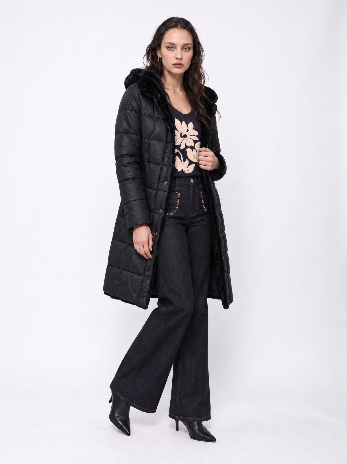 HOODED QUILTED FAUX FUR LINED COAT