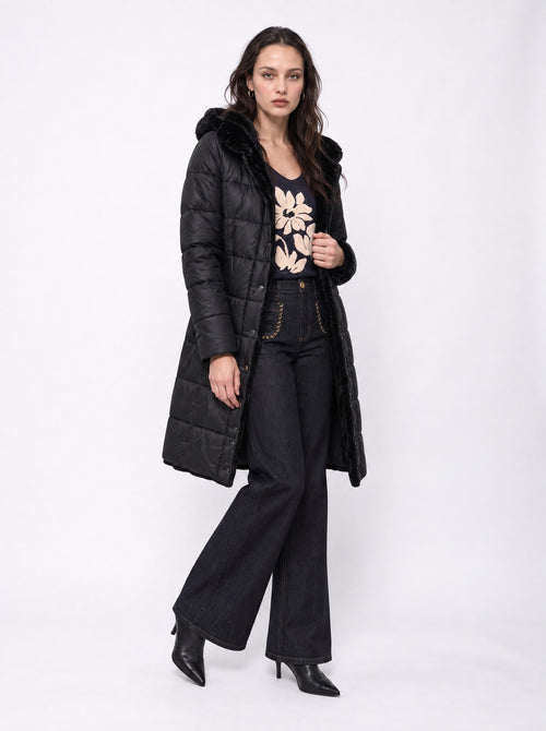 HOODED QUILTED FAUX FUR LINED COAT