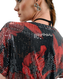 BLACK AND RED FLORAL SEQUIN TOP AND PANTS SET