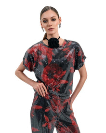 BLACK AND RED FLORAL SEQUIN TOP AND PANTS SET
