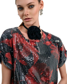 BLACK AND RED FLORAL SEQUIN TOP AND PANTS SET