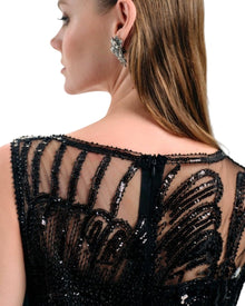 BLACK BEADED ASYMMETRIC FRINGE DRESS