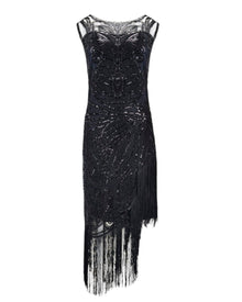 BLACK BEADED ASYMMETRIC FRINGE DRESS
