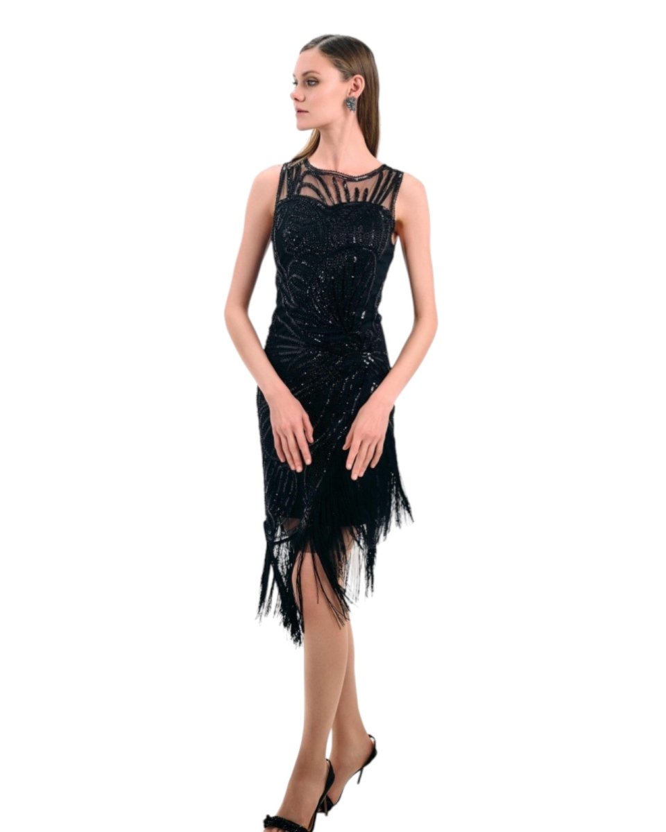 BLACK BEADED ASYMMETRIC FRINGE DRESS