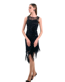 BLACK BEADED ASYMMETRIC FRINGE DRESS