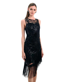 BLACK BEADED ASYMMETRIC FRINGE DRESS