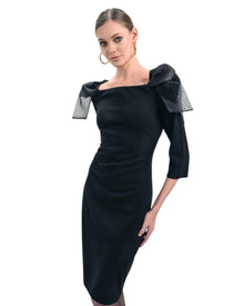 BLACK BOW-SHOULDER MIDI DRESS