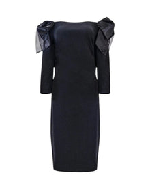 BLACK BOW-SHOULDER MIDI DRESS
