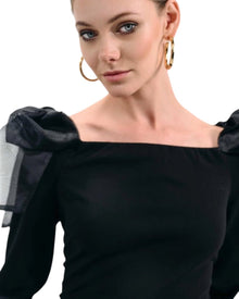 BLACK BOW-SHOULDER MIDI DRESS