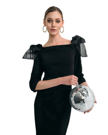BLACK BOW-SHOULDER MIDI DRESS