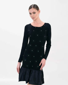 BLACK EMBELLISHED DROP-WAIST MIDI DRESS