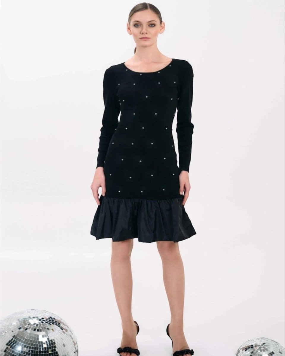 BLACK EMBELLISHED DROP-WAIST MIDI DRESS