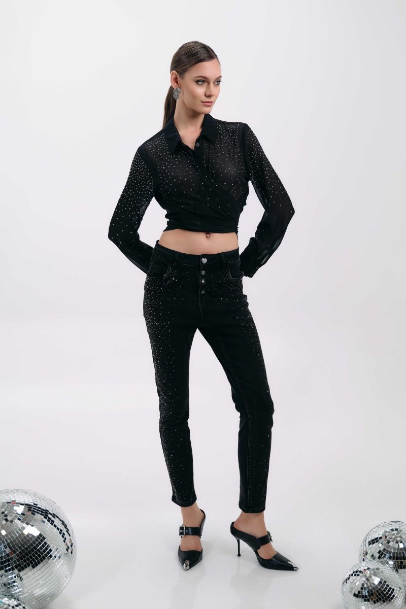 BLACK HIGH - WAISTED JEANS WITH BUTTON DETAILS - Nakhle.Ets - Pants & Skirts