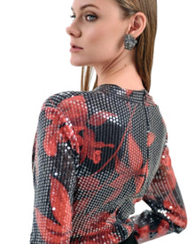 BLACK SEQUIN FLORAL MIDI DRESS