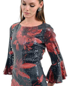 BLACK SEQUIN FLORAL MIDI DRESS