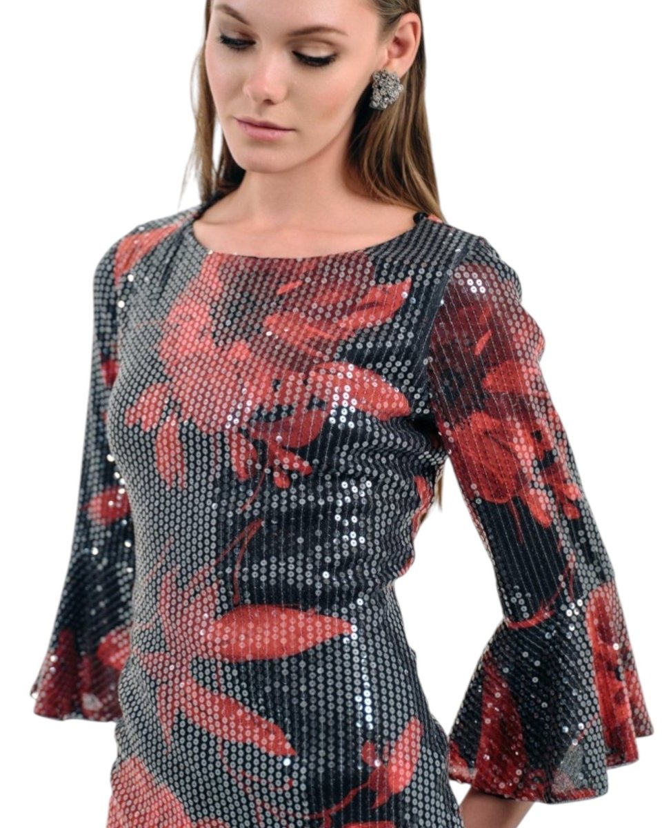 BLACK SEQUIN FLORAL MIDI DRESS - Nakhle.Ets - Dresses