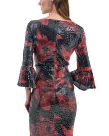 BLACK SEQUIN FLORAL MIDI DRESS