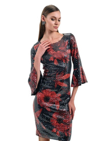 BLACK SEQUIN FLORAL MIDI DRESS