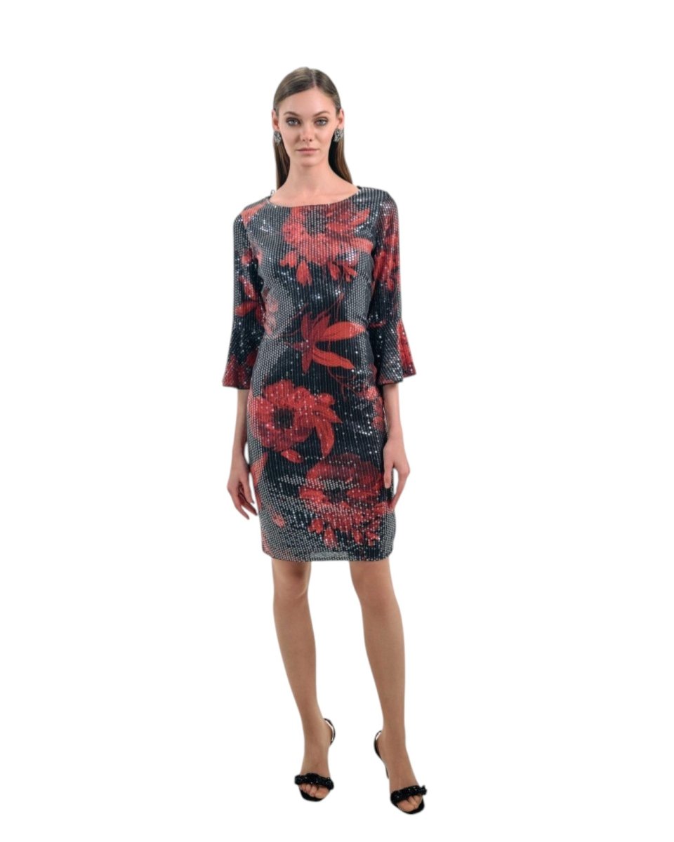 BLACK SEQUIN FLORAL MIDI DRESS
