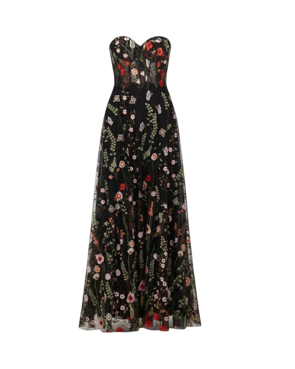 BOTANICAL EMBROIDERED EVENING GOWN