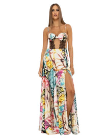 BUTTERFLY PRINT CORSET MAXI DRESS