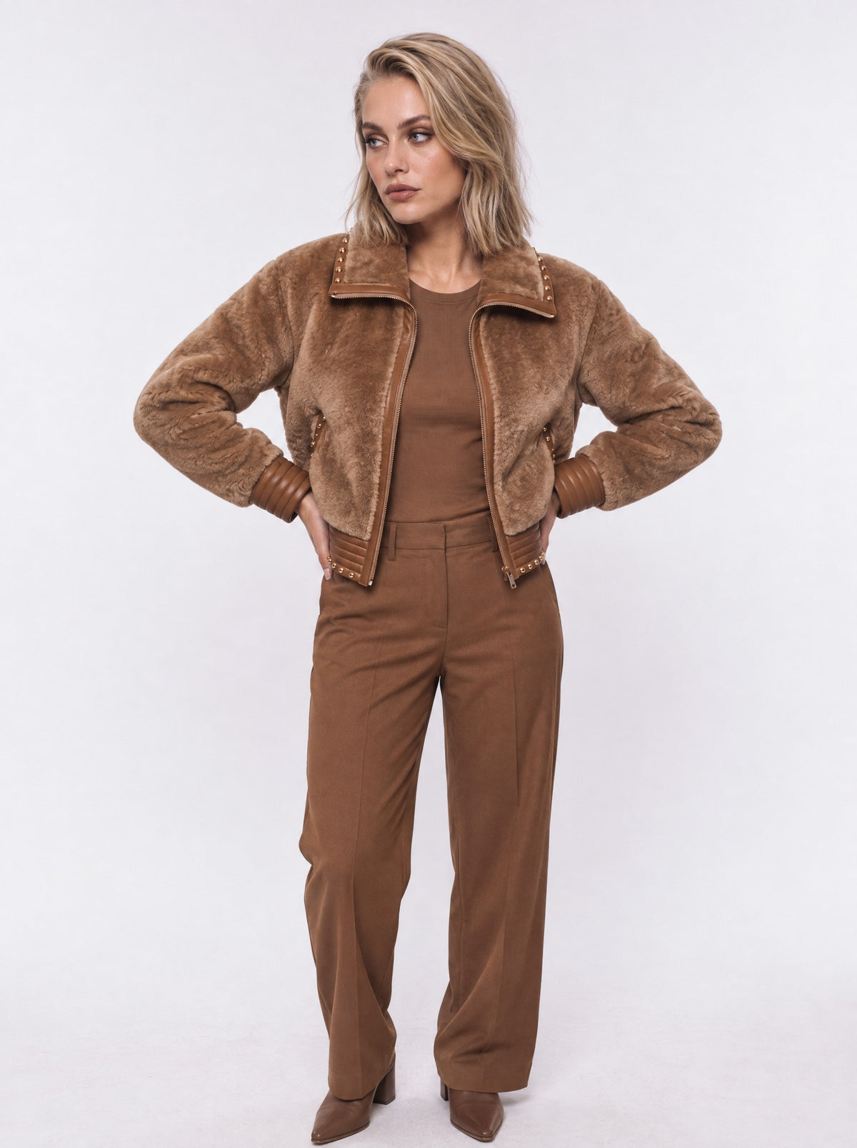STUDDED SHEARLING-STYLE CROPPED JACKET