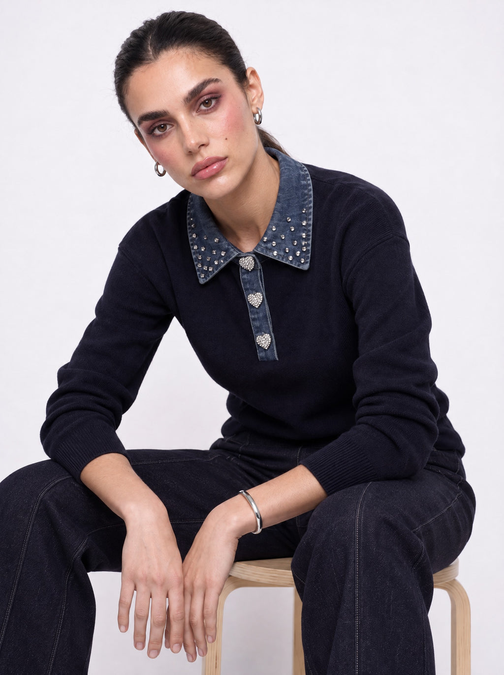DENIM COLLAR EMBELLISHED KNIT SWEATER