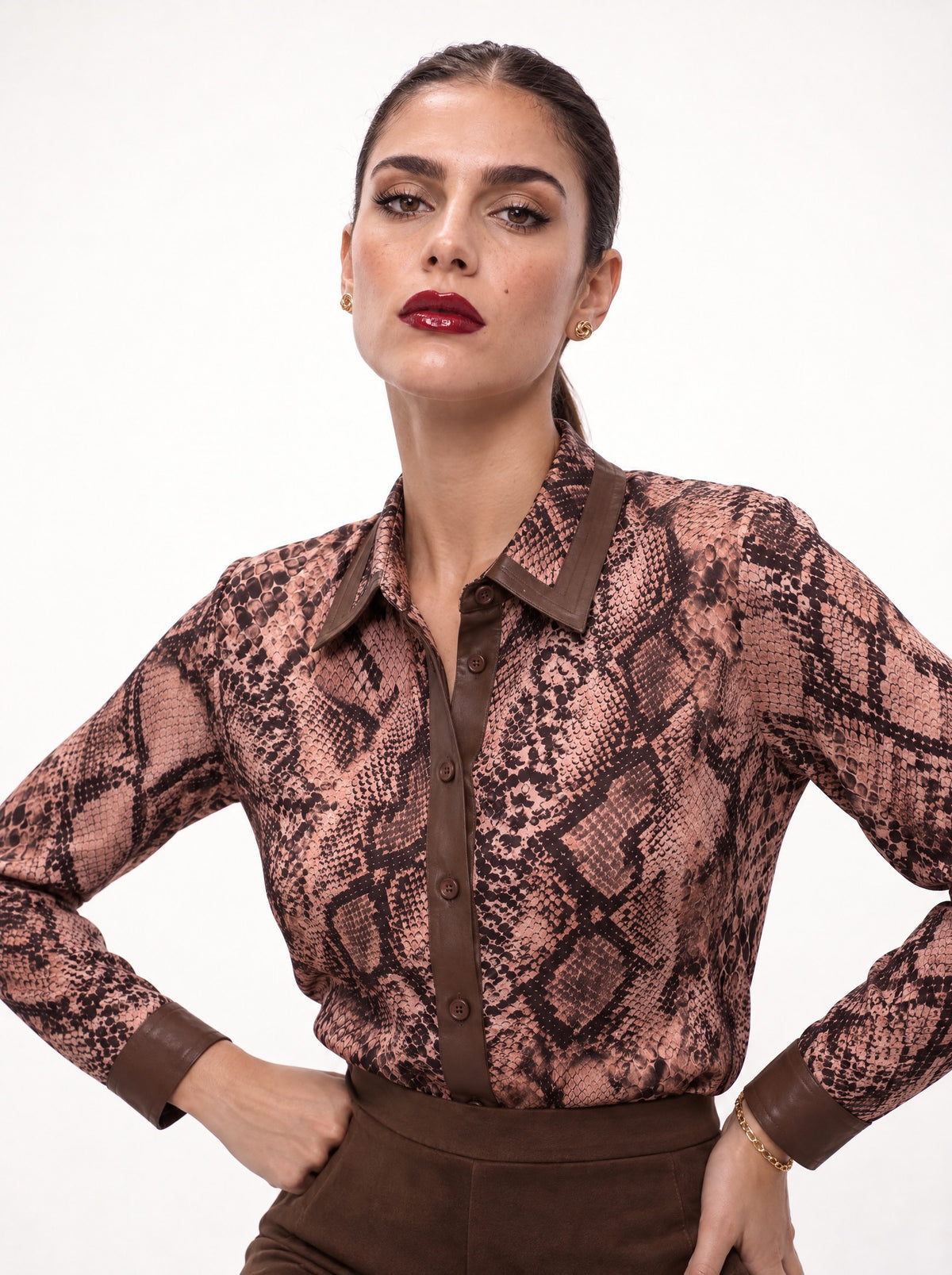SNAKE PRINT SHIRT WITH LEATHER LOOK COLLAR