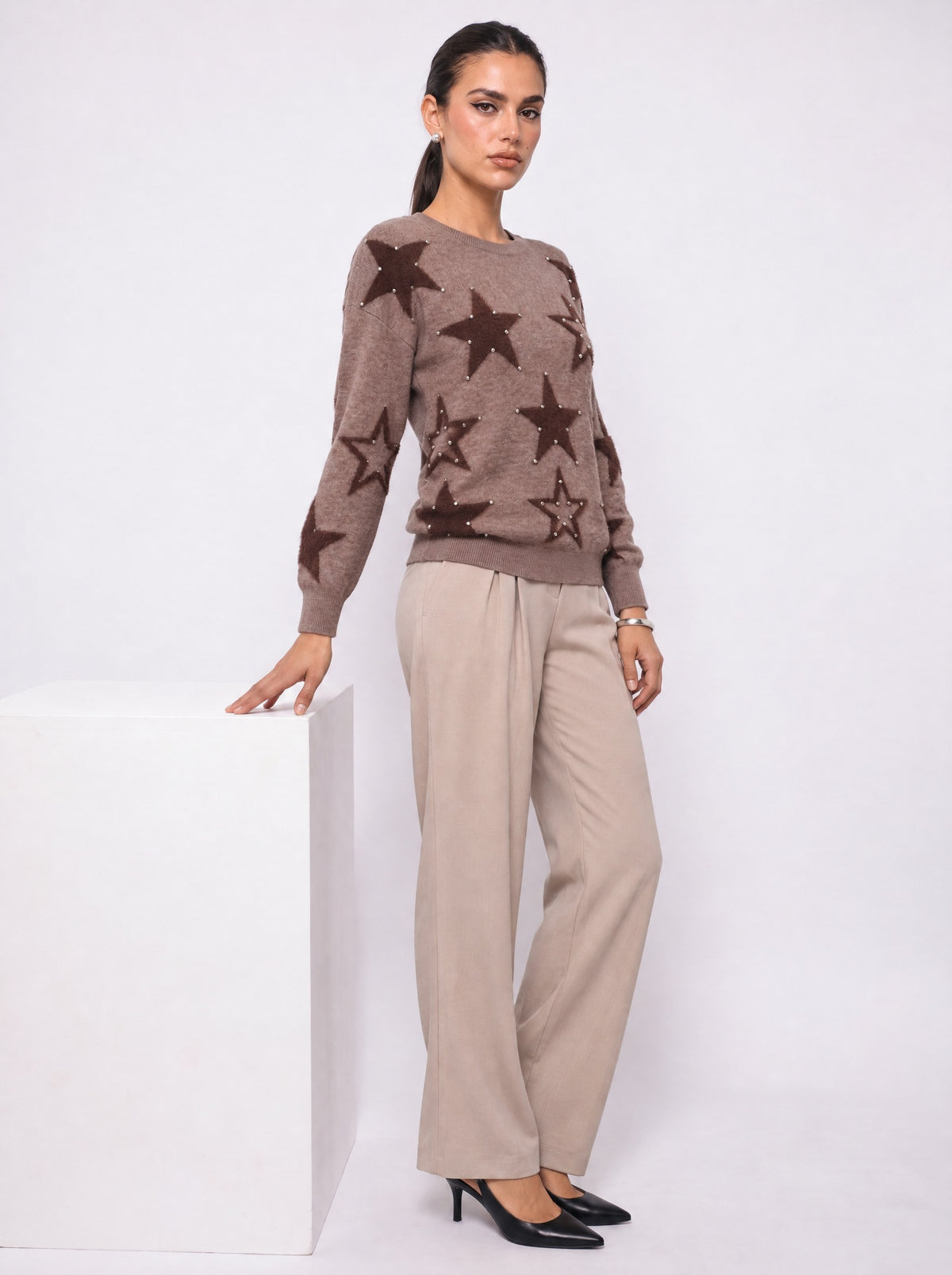 PLEATED WIDE-LEG ELASTICATED TROUSERS