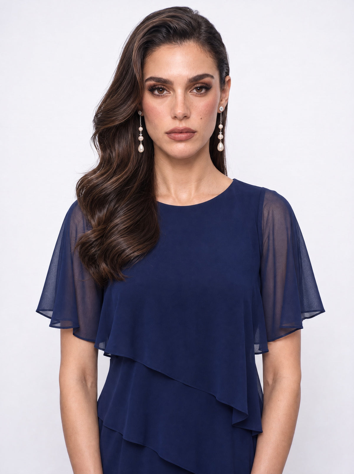 TIERED CHIFFON FLUTTER-SLEEVE MAXI DRESS
