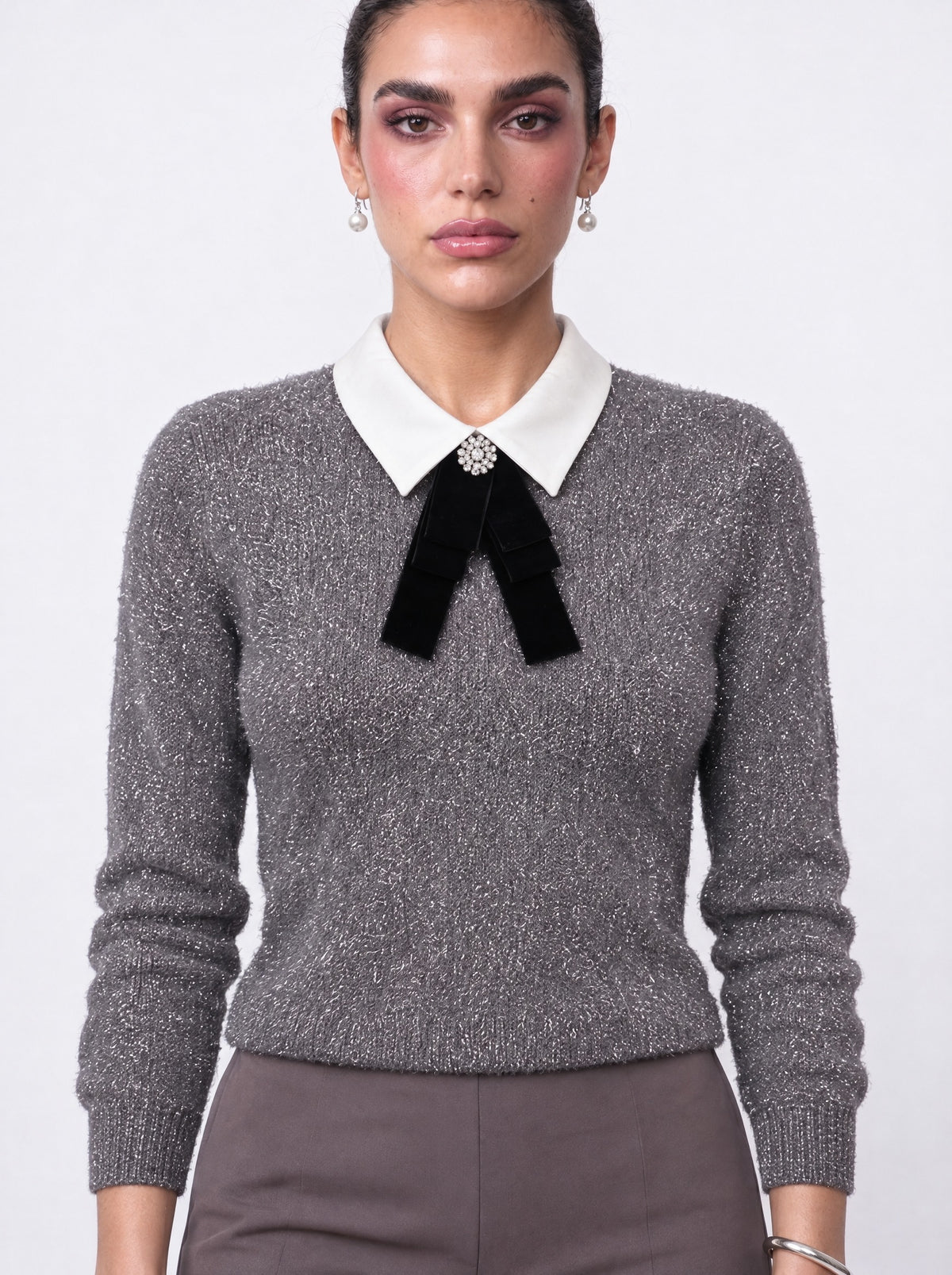 VELVET BOW COLLAR METALLIC KNIT
